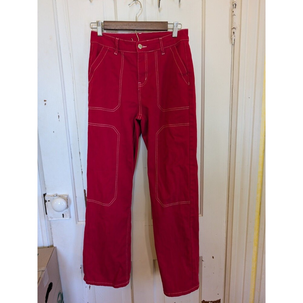 DOKOTOO Women's Red Cotton Elastane Pants Button Zip Contrast Stitching